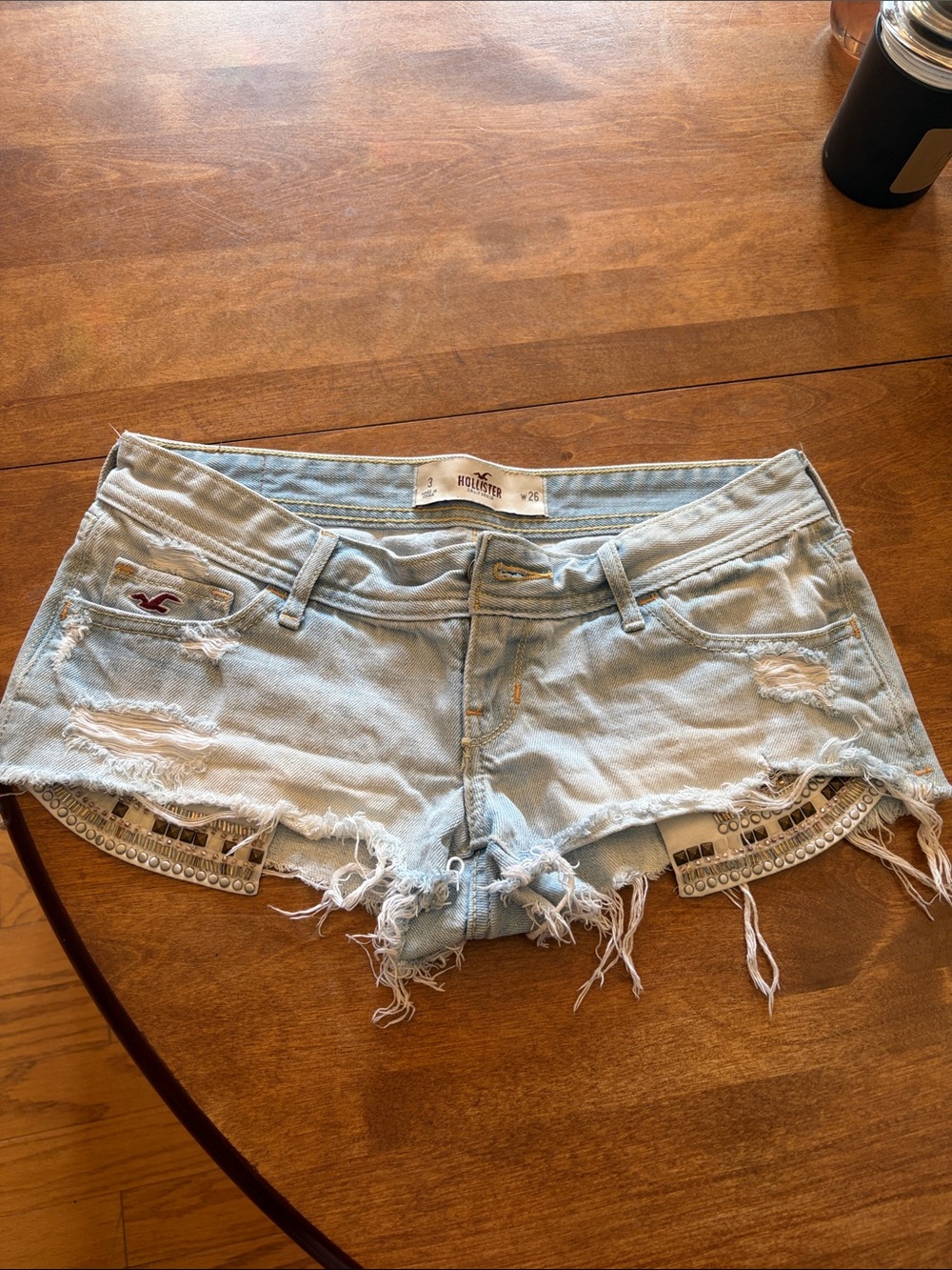 Hollister Light Blue Distressed Denim Cutoff Shorts with Beaded Trim